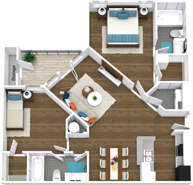 Floor plan for 2 beds, 2 baths, 1050 sqft